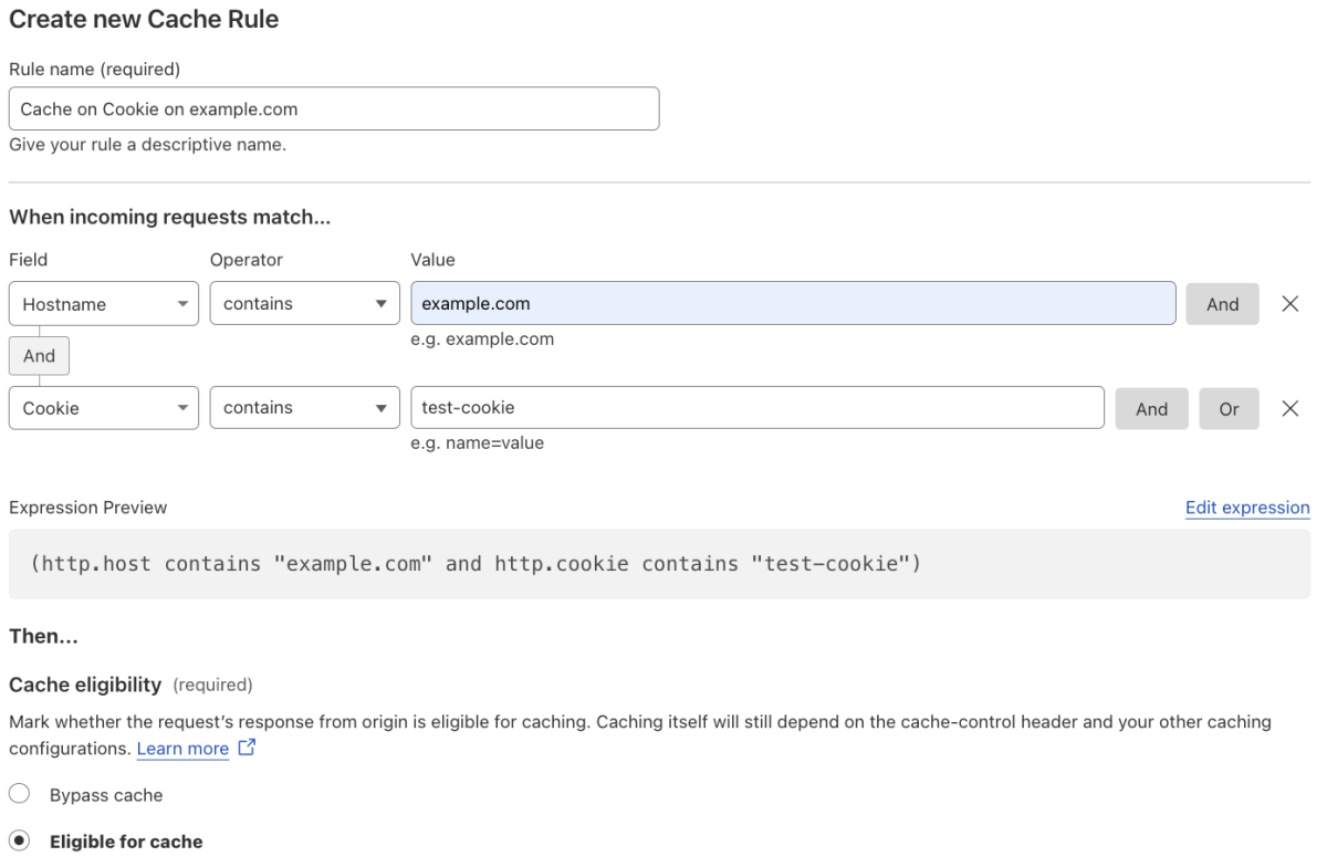 Cache rule matching the ‘Cache on Cookie’ setting of the example Page Rule